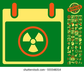 Radioactive Calendar Day icon with bonus calendar and time management pictures. Vector illustration style is flat iconic symbols, orange and yellow, green background.