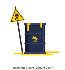 Radioactive chemical waste. Biohazard barrels with spilled toxic liquid. Hazard warning sign. Vector illustration isolated on white background.