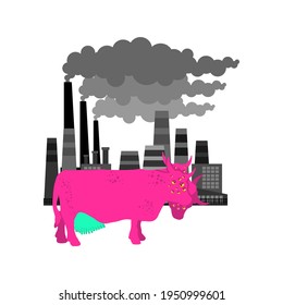 Radioactive cow and toxic waste from factory. Environmental pollution. Biological hazard