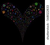 Radioactive fireworks stream. Vector illustration style is flat bright multicolored iconic symbols on a black background. Object double fountain combined from random design elements.