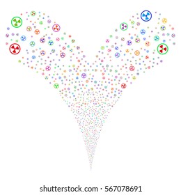 Radioactive fireworks stream. Vector illustration style is flat bright multicolored iconic symbols on a white background. Object double fountain organized from random symbols.