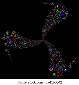 Radioactive fireworks swirl rotation. Vector illustration style is flat bright multicolored iconic symbols on a black background. Object twirl done from random symbols.