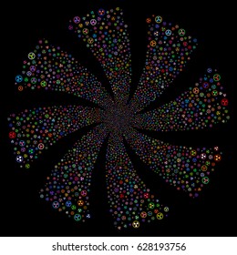 Radioactive fireworks swirl rotation. Vector illustration style is flat bright multicolored iconic symbols on a black background. Object whirlpool created from random icons.