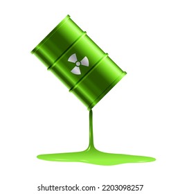 Radioactive green liquid flowing from metal green barrel vector illustration