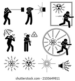 Radioactive hazard, biohazard, UV optical ray light, X-ray radiation, loud noise, and irritant to human. Warning sign, danger risk symbol, and safety precaution at workplace. 