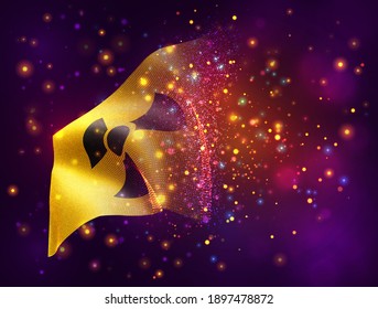 radioactive hazard vector 3d flag on pink purple background with lighting and flares