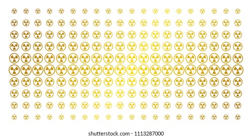 Radioactive icon golden halftone pattern. Vector radioactive symbols are arranged into halftone array with inclined golden gradient. Designed for backgrounds, covers,