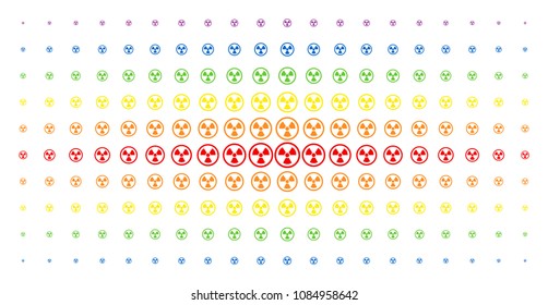 Radioactive icon rainbow colored halftone pattern. Vector radioactive symbols are arranged into halftone grid with vertical spectral gradient. Designed for backgrounds, covers,