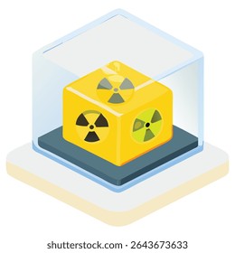 Cubo de material radioativo em contêiner claro, conceito de perigo nuclear, segurança contra radiação, fonte de energia atômica