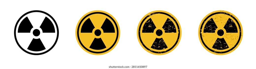 Radioactive material or radiation Hazard warning sign set, black yellow grunge round circle. Vector illustration