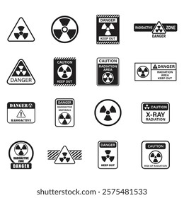 Radioactive material warning icon set collection in flat style. Radiation danger vector illustration on isolated background. Caution sign business concept.