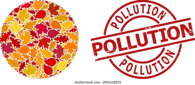 Radioactive mosaic icon combined for fall season, and Pollution grunge stamp imitation. Vector radioactive mosaic is shaped with randomized fall maple and oak leaves.