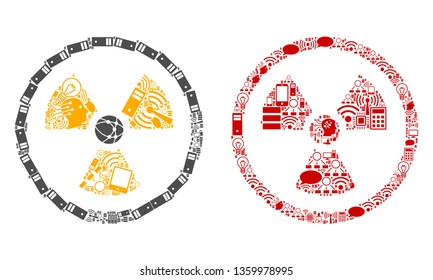 Radioactive mosaic icons constructed for bigdata purposes. Vector radioactive mosaics are combined from computer, calculator, connections, wi-fi, network icons into abstract collages.