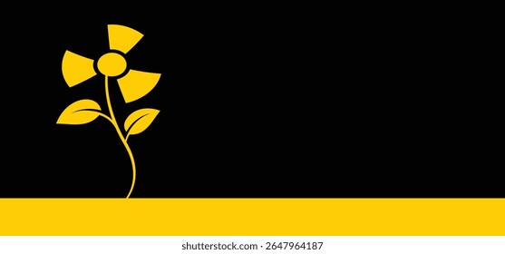 Radioactive nuclear symbol with flower. Uranium reactor concept. Bloom with leaves. Nuclear power energy. Plant logo. The most common radioactive elements are uranium, radium, polonium, and thorium.