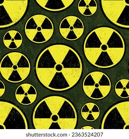 Radioactive nuclear symbol over green background with worn out effect seamless pattern