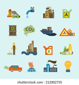 Radioactive nucleus waste and batteries disposal diffuse environment contamination symbols pictograms flat abstract collection isolated vector illustration