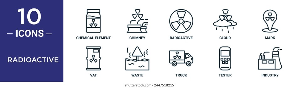 el conjunto de iconos de contorno radiactivo incluye elemento químico de línea fina, chimenea, radiactivo, nube, marca, iva, iconos de residuos para informe, presentación, diagrama, Diseño web