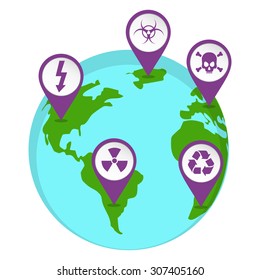 Radioactive pin map on the earth. Map pin illustrated with a radioactive icons marking a point on the planet earth.