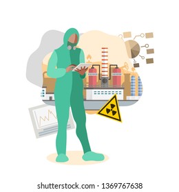 Radioactive Pollution Flat Vector Illustration. Cartoon Man Wearing Protective Uniform, Respirator. Nuclear Contamination Symbol. Factory Worker Analysing Manufacturing Process, Security Measures