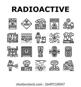 ícones de poluição radioativa definir vetor. isótopos de contaminação, nuclear, decaimento, emissões, urânio, plutônio, césio radão poluição radioativa ilustrações contorno preto