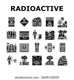 ícones de poluição radioativa definir vetor. isótopos de contaminação, nuclear, decaimento, emissões, urânio, plutônio, césio radon pictograma de glifo de poluição radioativa Ilustrações