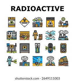 ícones de poluição radioativa definir vetor. isótopos de contaminação, nuclear, decaimento, emissões, urânio, plutônio, césio radão poluição radioativa ilustrações da linha de cor