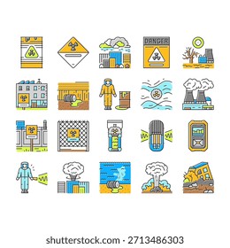 Symbole für radioaktive Verschmutzung als Vektor. Kontamination Isotope, nuklear, Zerfall, Emissionen, Uran, Plutonium, Cäsium Radon radioaktive Verschmutzung Farblinien Illustrationen