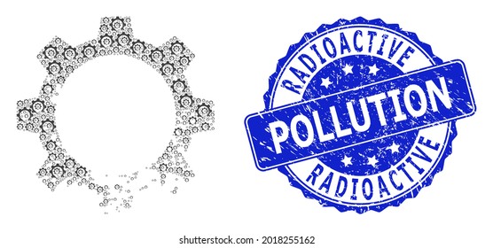 Estampilla redonda texturada por contaminación radiactiva y colaje fractal vectorial dañado. El sello azul tiene el título de Contaminación radiactiva dentro de forma redonda.