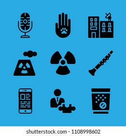 radioactive, power plant, smartphone, strategic, animal solidarity, tablets, building, oboe and microphone vector icon. Simple icons set