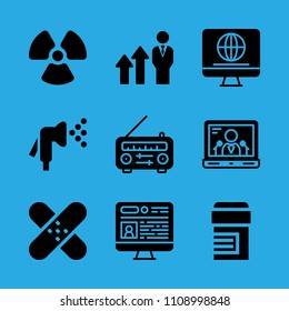 radioactive, promotion, television, laptop, radio, television, watering, patch and pills vector icon. Simple icons set