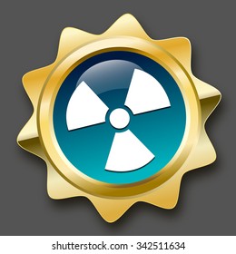 Radioactive seal or icon with atomic symbol. Glossy golden seal or button.