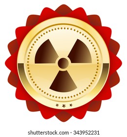 Radioactive seal or icon with atomic symbol. Glossy golden seal or button.
