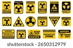 Radioactive sign collection in yellow and black. Radiation hazard and nuclear warning symbols for industrial or science use. Vector safety icons.
