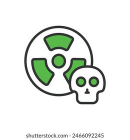 Radioactive skull, in line design, green. Radioactive, Skull, Hazard, Toxic, Warning, Danger, Poison, Contamination on white background vector. Radioactive skull editable stroke icon.