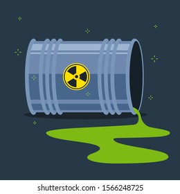 Radioactive substance spilled on the floor from a fallen barrel. flat vector illustration