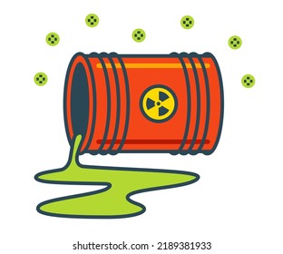 Radioactive substance spilled on the floor from a fallen barrel. flat vector illustration