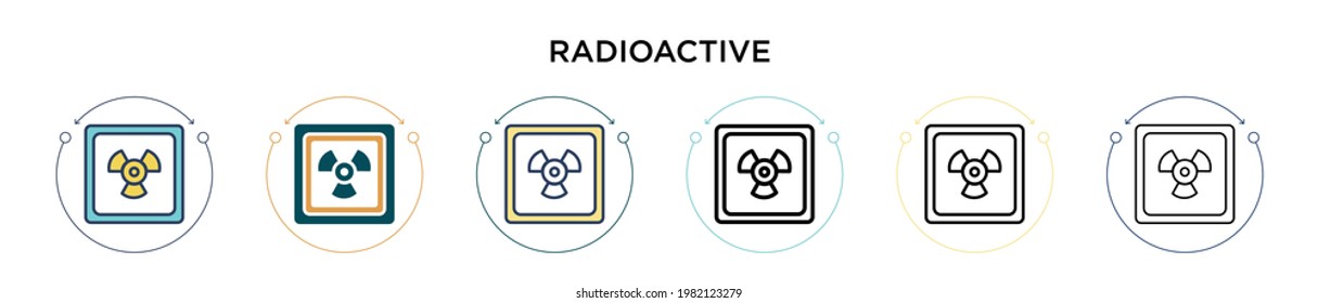 Icono de símbolo radiactivo en el estilo relleno, delgado, contorno y trazo. Ilustración vectorial de dos símbolos radiactivos coloreados y negros, los diseños de iconos vectoriales pueden utilizarse para móviles, ui, web
