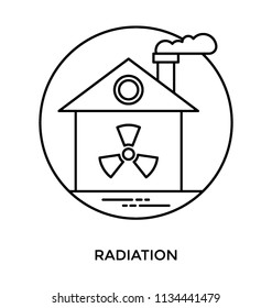 Radioactive symbol inside a factory building with smoke extraction, radioactive factory 