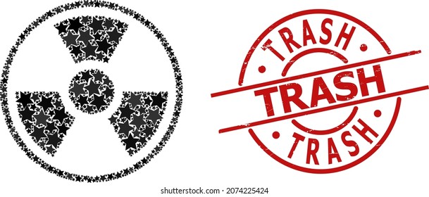 Radioactive symbol star pattern and grunge Trash stamp. Red imprint with grunge texture and Trash slogan inside circle.