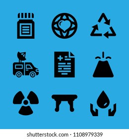 radioactive, table, volcano, ecology, world peace, medical result, medicine, van and recycling vector icon. Simple icons set