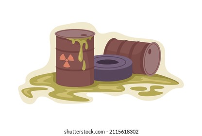 Radioactive toxic substance in barrels, radiation waste leakage from containers. Vector harm for environment, pollution and contamination, hazardous material and disaster for creatures flat cartoon