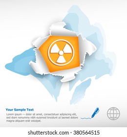 Radioactive vector icon and breakthrough paper hole with ragged edges on watercolor background