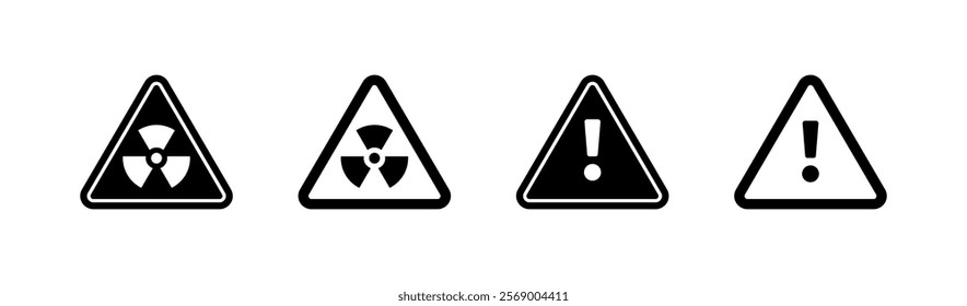 Radioactive warning sign icons. Linear and silhouette style. Vector icons.