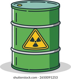 "Cartoon de barril de lixo radioativo: tambor tóxico verde com símbolo de risco de radiação para projeto de ilustração de aviso de perigo de poluição nuclear, ambiental e industrial"