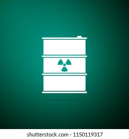 Radioactive waste in barrel icon isolated on green background. Toxic refuse keg. Radioactive garbage emissions, environmental pollution, danger of ecological disaster. Flat design. Vector Illustration