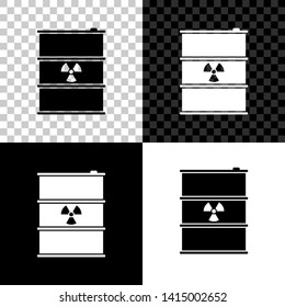 Radioactive waste in barrel icon isolated on black, white and transparent background. Toxic refuse keg. Radioactive garbage emissions, environmental pollution, danger. Vector Illustration