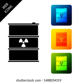 Radioactive waste in barrel icon. Toxic refuse keg. Radioactive garbage emissions, environmental pollution, danger of ecological disaster. Set icons colorful square buttons. Vector Illustration