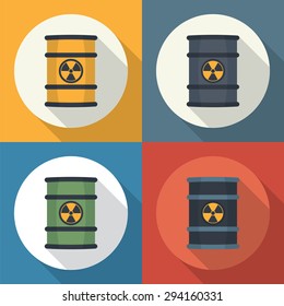 Radioactive waste in barrel round icon flat style with long shadows.