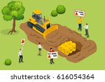 Radioactive waste concept. People protest environmental pollution with radioactive waste. Flat 3d vector isometric illustration