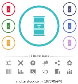 Radioactive waste flat color icons in circle shape outlines. 12 bonus icons included.